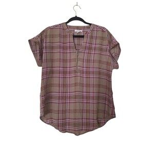 Maurices Tan, Beige & Pink Plaid Short Sleeve Top with Zipper Front Sz Small